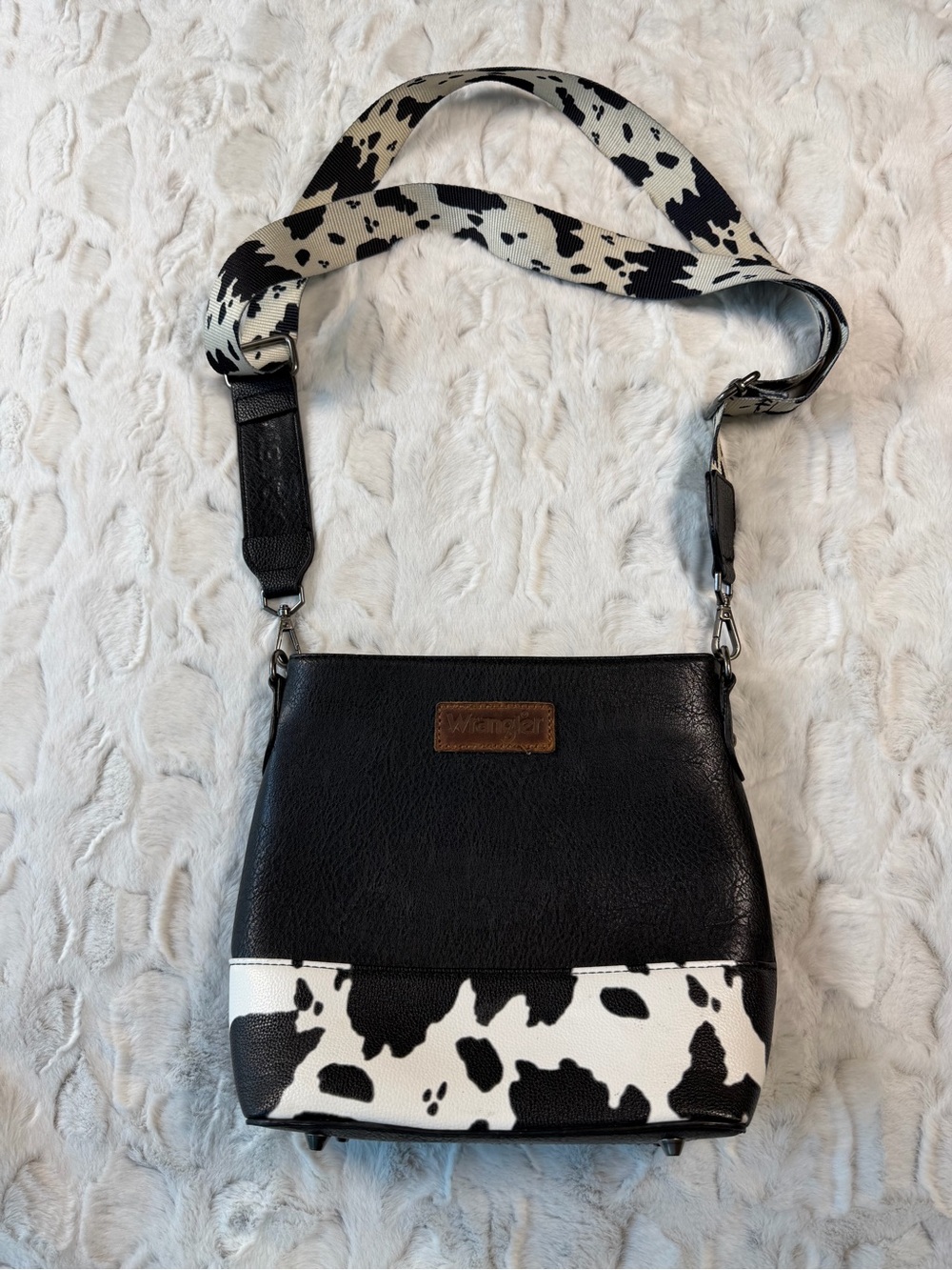Wrangler Black and White Cow-Print Crossbody Bag